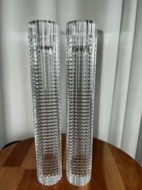 Two vintage bohemian crystal candlestick holders